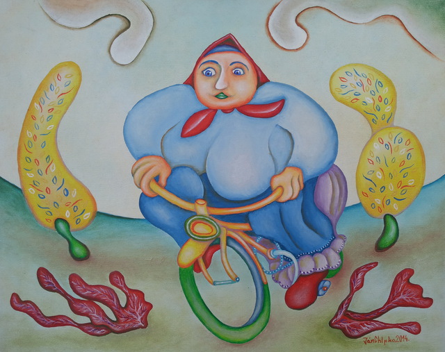 Artist Jan Chlpka. 'Woman On Bike' Artwork Image, Created in 2014, Original Drawing Pen. #art #artist