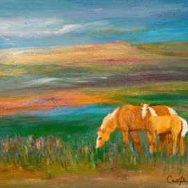 Chris Jehn: 'Mother and Son Palamino horses', 2014 Acrylic Painting, Animals. Artist Description:  Palomino horses in abstract landscape, mare and colt. Original acrylic painting on wrapped canvas. Ready to hang with a gold edged wrap frame. Original art by Chris Jehn...