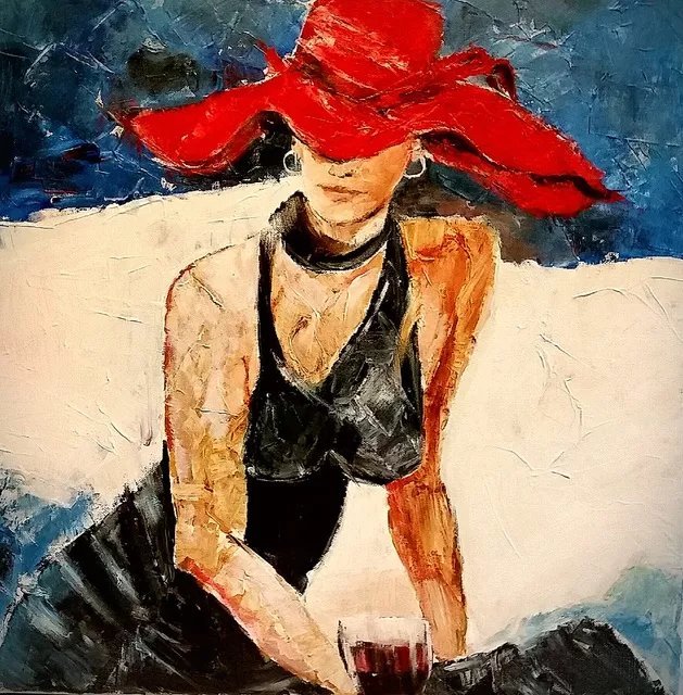 Christian Mihailescu: 'lady with the red hat', 2019 Acrylic Painting, Portrait. ORIGINAL ACRYLIC PAINTING on CANVAS Size: 24x24   Date: 2011Medium  original : acrylic   varnish on gallery stretched cotton canvas  staples are on back, not on sides . Painted sides - can be exposed without frame .Price: 445  + shipping Additional Info: - On demand i? 1/2different size - yes- signature- front and back- title and date- back...