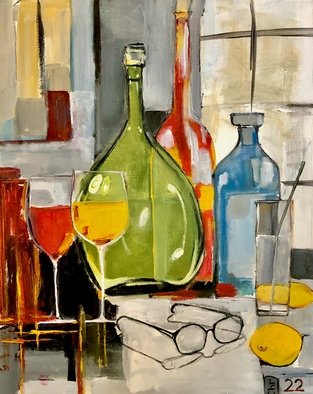 Christian Mihailescu: 'winter indoor 2', 2020 Acrylic Painting, Abstract. Abstract bottles and glasses. Meditation...