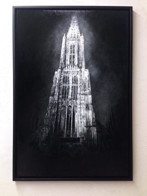 Christian Klute: 'Cathedral of Ulm', 2016 Oil Painting, Urban. Ulmer MA1/4nster | Oil on Canvas | 60x90cmFramed in black floater frame | cathedral ulm black and white monochrome buildings urban landscape dark mysterious gothic ornaments imressionistic lose painting scratches realism black dark atmosphere churches cathedrals religious ...