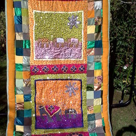 Christine Cunningham: 'elephants', 2017 Textile Art, Animals. Artist Description: Abstract textile applique in a beautiful colour palette of golds and greens, cerise and purple, capturing the essence of India.  Adorned in light reflective sequins and Indian fabrics.  From the Visions of India range in The Natural Collection...