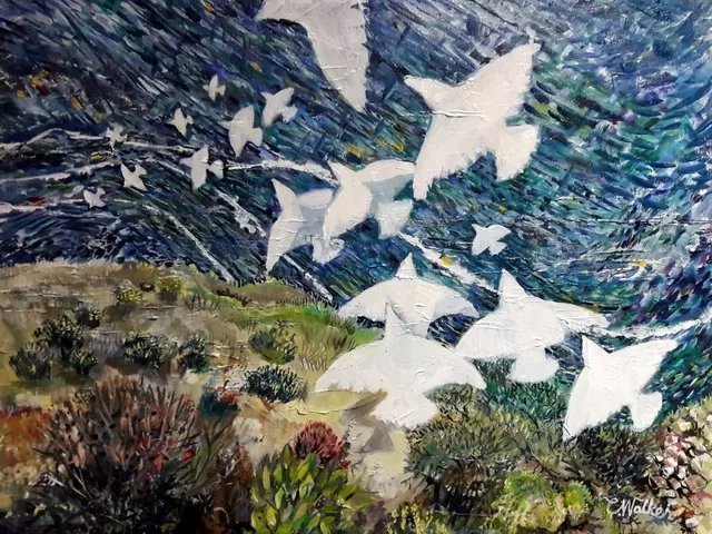 Chris Walker: 'down on the updraught', 2019 Oil Painting, Birds. Voler sur le Courant Ascendant. Oil on Stretched Canvas  46cm x55cm . Doves glide down over the bluff. deep canvas, painted sides, ready to hang unframed. ...