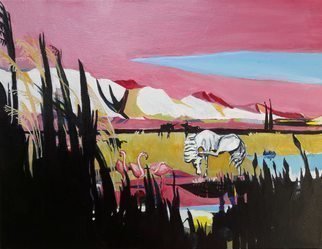 Chris Walker: 'the alpilles from crau', 2019 Oil Painting, Conceptual. Oil on stretched canvas  35cm x27cmx 1. 7cm Carmargue bulls, white horses , flamingoes, reeds, rushes and stark stony hills. ...