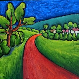Krisztina Lantos: 'red road', 2023 Acrylic Painting, Landscape. Artist Description: Hot Summer landscape of a small German village. ...