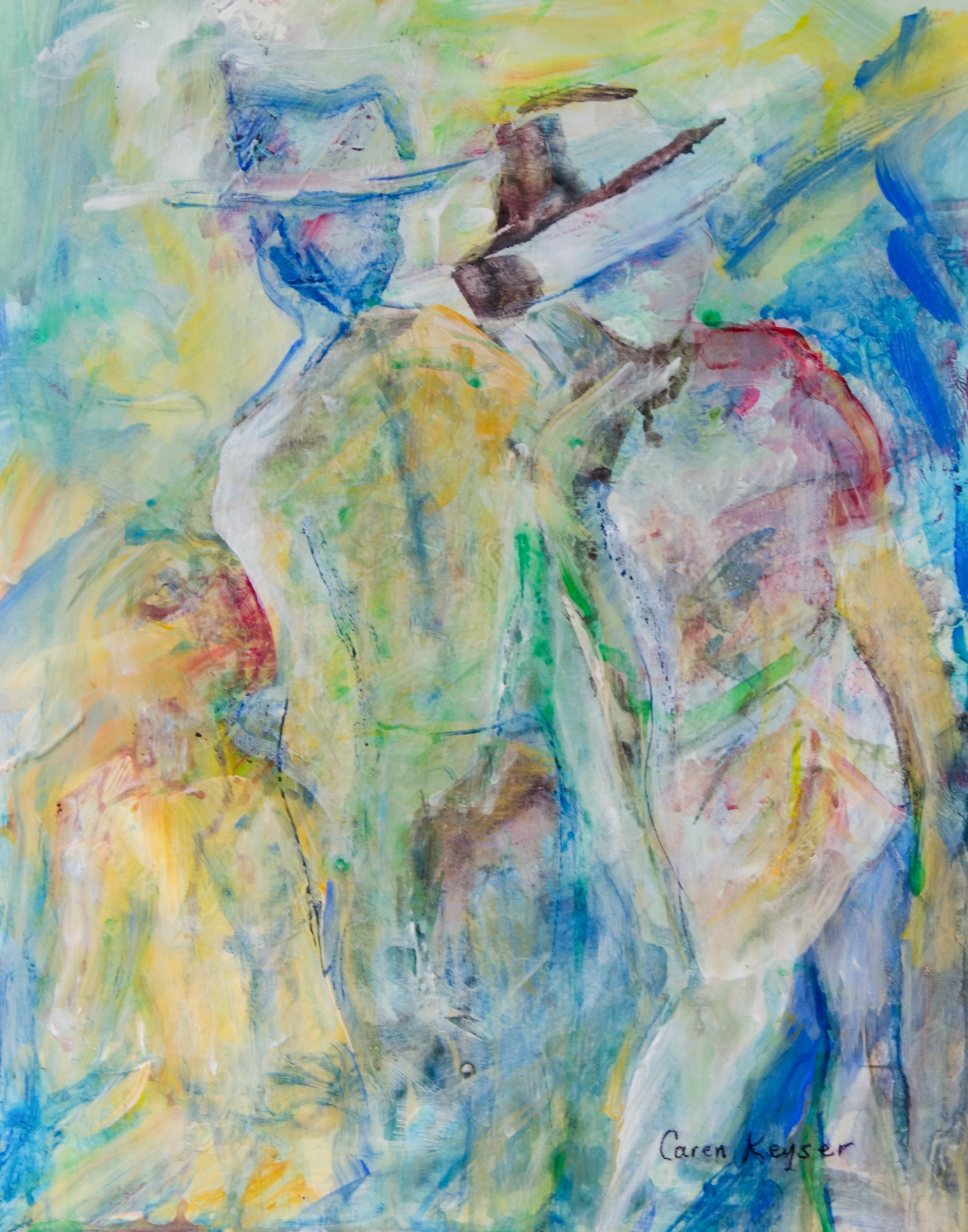 Caren Keyser: 'Three Figures', 2018 Acrylic Painting, Abstract Figurative. The woman on the right showed herself to me first, then the man in the back, and finally the seated child on the left.  They each emerged from the original abstract painting as I worked.  My intuitive process begins with the paint and then I let it lead me to ...