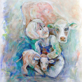 Caren Keyser: 'farm boy', 2018 Acrylic Painting, Abstract Figurative. Artist Description: This young farm boy is sitting on the ground holding a young calf while the mother cow is watching closely over his shoulder.  This is a heart warming scene loosely painted in blues and other soft colors. ...