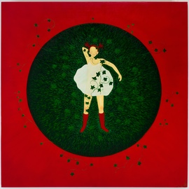 Claire Petit: 'Awaiting unconsciousness', 2011 Oil Painting, Children. Artist Description: Oil Painting on canvas.  A little girl is sleeping in a green circle.  A climbing ivy is growing on her leg.  The background is a vivid red.A limited deluxe art print is available as well, signed and numbered reproduction 24 x 24 comes with a Certificate of ...