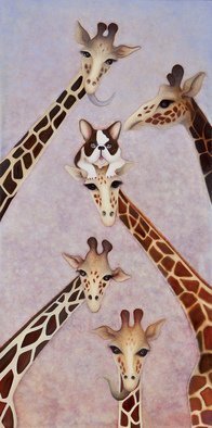 Claire Petit: 'French bulldog on a giraffe s head', 2018 Oil Painting, Animals. There are times when I cannot paint people anymore, especially during hard times, when violence and the worst things come out from human being. . .  This is how I started a small series of animals.  I paint them living together in a peaceful atmosphere.  They are watching us.  Limited edition prints ...