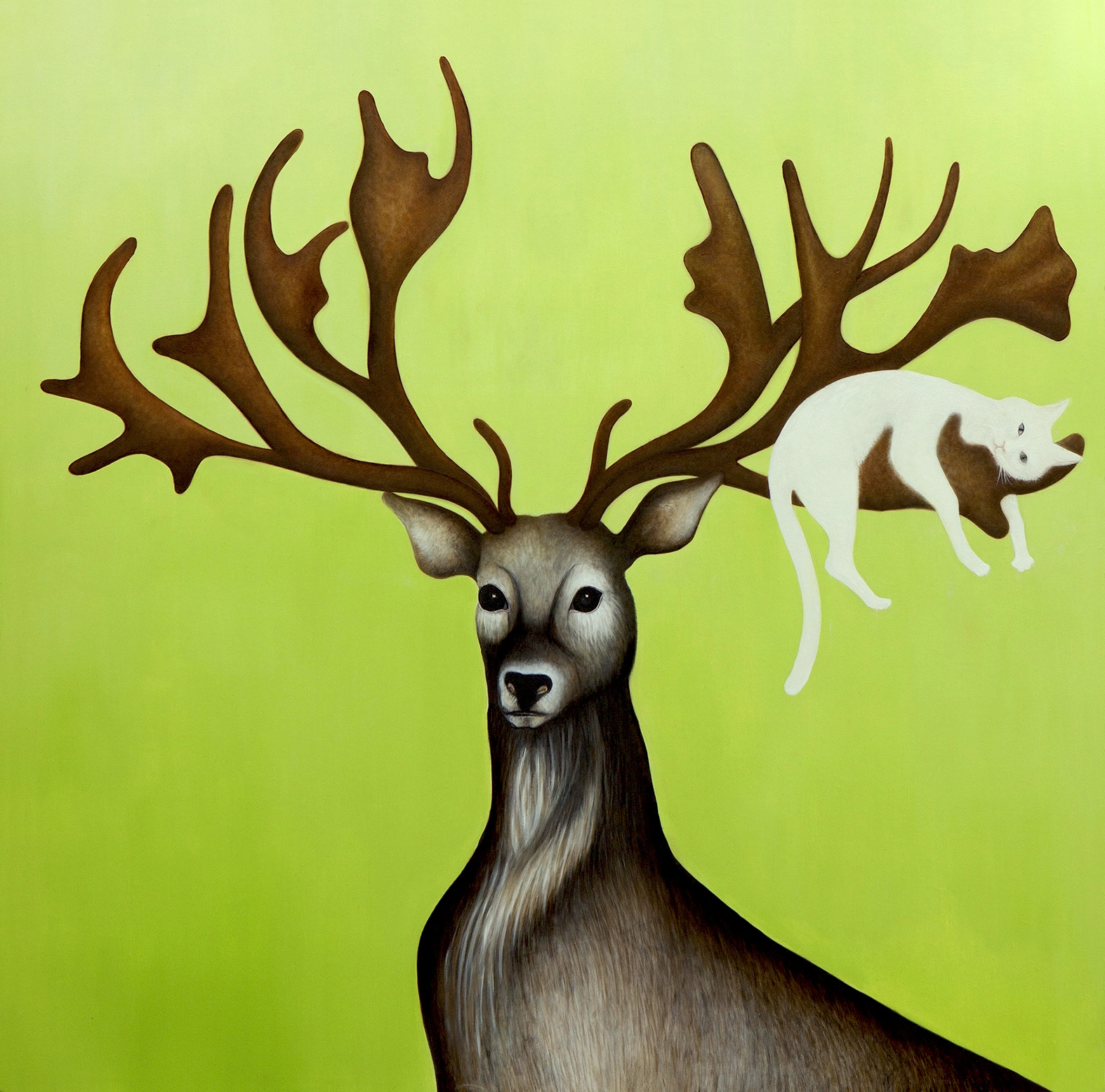 Claire Petit: 'lazy cat on a deer', 2018 Oil Painting, Animals. There are times when I cannot paint people anymore, especially during hard times, when violence and the worst things come out from human being. . .  This is how I started my series on animals.  I needed to paint them living together in a happy and peaceful atmosphere.  They are watching us, ...