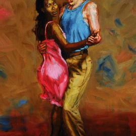 Lucille Coleman: 'Shine Flirt', 2003 Oil Painting, Dance. Artist Description: Salsa Dance Series Signature painterly brush style with abstract background.Its been suggested that the background is a painting in itself as well.This painting depicts salsa dance partners in a closer position ending a shine.A(c) 2003 Lucille Coleman...