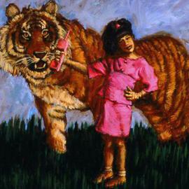 Lucille Coleman: 'Tiger Talk', 2003 Oil Painting, Children. Artist Description: A whimsical painting whose theme is the fantasy life of a child.A(c) 2003 Lucille Coleman...