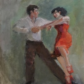 Connie Chadwell: 'Tango in Greens and Orange', 2018 Oil Painting, Figurative. Artist Description:  Connie Chadwell, oil, tango dancers, figurative, greens, red, orange, couple dancing tango with the woman wearing a red dress with orange highlights, she has her knee up a little and the man is holding her hand...