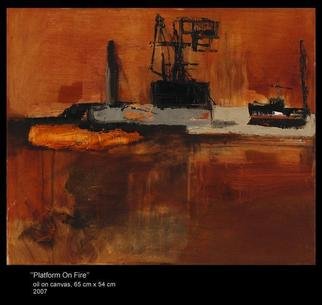 Agnieszka Ledochowska: 'Platform on Fire ', 2007 Oil Painting, Abstract Landscape.  my latest  fascination of oil platforms , cranes machines and dark landscapes . ...