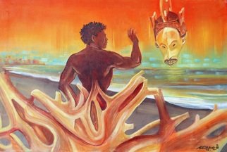 Arnold Grace Jr: 'Rising Youth Seeks Ancient Wisdom', 1993 Oil Painting, Surrealism. ARCHIVAL MATT PAPER PRINTS- $80. original fineart painting, impressionism, fine art, surrealist painting, surrealism, arnold grace fine art, african art themes, african mask, driftwood on beach, youth, young man, dream scape art, arnold victor grace jr, figurative art, surrealistic art, sea scape, sunset art, ...