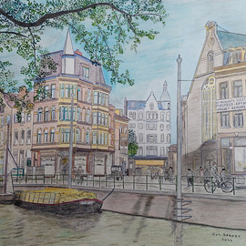 Cornelis Sproet: 'amsterdam 1923', 2022 Other Drawing, Cityscape. Artist Description: I am always touched by the way life was in earlier years, less stress and more time for each other. On this work I depict how one of the main canals of Amsterdam looked like in the early 1920 s The canal is called Singel and was once ...