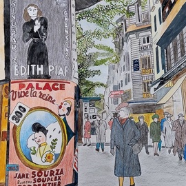 Cornelis Sproet: 'grands boulevards', 2022 Mixed Media, Impressionism. Artist Description: Edith Piaf was one of France s greatest artists of the 20th century.  On the wide parisian boulevards are publictty pillars to advertise with posters coming events like shows.  On this mixed media I have depicted one of these pillars with a poster of Edith Piaf.  This was ...