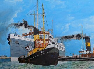 Cornelis Sproet: 'port of rotterdam', 2023 Acrylic Painting, Sea Life. Once the port of Rotterdam was one of the world largest ports with daily sailings of passenger liners to many parts of the world. This inspired me to make this painting about a mail ship of the Rotterdam Lloyd leaving for the Far East assisted by steam powered harbor tugs ...