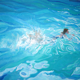 David Cuffari: 'Swimmer in the Water', 2004 Acrylic Painting, Abstract Figurative. Artist Description:  A swimmer in a vast blue/ green pool. I'm interested in the patterns created on the reflective water surface.  Of interest is the texture created in the use of heavy impasto representing the splash from the swimmer' s kick. ...