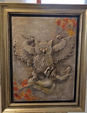 Marina Stewart: 'owl', 2019 , Abstract. 3d bas- relief on wood . framed. ...