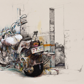 Daniel Brunkert: 'Neverending Journey', 2012 Mixed Media, Surrealism. Artist Description:  mixed media, ink, acrylic, light, figurative, drawing, motorbike, japan, tokyo, detail, pen, pencil,    ...