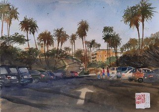 Danny S Christian: 'afternoon at parking lot', 2021 Watercolor, Cityscape. Little talks on parking lot, after afternoon shopping...