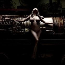 Dario Impini: 'jet city girl', 2012 Digital Photograph, Nudes. Artist Description: This image has a certain  Giger- esque  quality about it. I love the dark intrigue of heavy, powerful machinery. I also love that the model s form seems integrated with some of the lines and curves of the machine, almost like she s an integral part of the ...