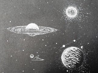 Bryn Reynolds: 'saturn vs jupiter', 2019 Ink Drawing, Astronomy. Arguably,  two of the most helpful Planets for our little third rock from the Sun.  Jupiter is like our big- brother, and take care of a lot of bullies that want to hit us This white- ink on Bristol black artist stock captures a brief moment in time when these ...