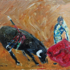 David Rocky Aguirre: 'Bull Fight', 2008 Oil Painting, Western. Artist Description:  Oil on hardboard. Bullfight  ...