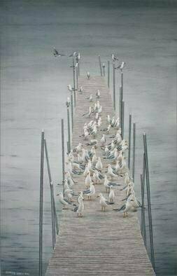 David Larkins: 'Converge', 2005 Giclee, Birds. Living in the Great Lakes area all of my life Converge is a frequent  and familiar scene. One can almost hear the cackling of mine mine mine piercing through the air. The monochromatic greenish grays, water, seagulls and dock are all distinct entities but brought together through the balance and ...