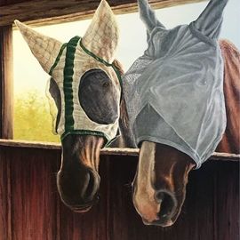 David Larkins: 'no fly zone', 2018 Oil Painting, Horses. Artist Description: My wife LauraaEURtms adopted horses Wilbur and Abby looking inside the stable comical and an unusual scene for horses I saw this and had to paint it 	With their fly masks on they reminded of a bride and groom, horse style wedding  ...