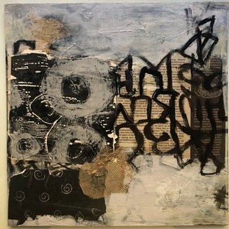Karen Stein: 'pinch of salt', 2020 Collage, Abstract. layers of original asemic writings on vintage papers , panel, blacks, grays, neutrals...