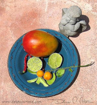 Debra Cortese: 'Blue Plate Mango Angel', 2008 Other Photography, Food.  Blue Plate Mango Angel is one of a series of photopaintings of a luscious mango posing with a variety of garden characters including a clay Shrek chia head, a garden gnome and the angel shown in this artwork. The series starts with the mango and ends with my very own...