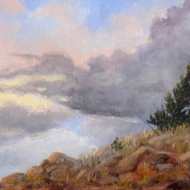 Debra Mickelson: 'Topaz Skies ', 2010 Oil Painting, Landscape. Artist Description:  mountains landscape clouds sky color Colorado sunset   blue pink light pine tree rocks      ...