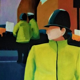 Denise Dalzell: 'Watch', 2019 Acrylic Painting, People. Artist Description: painting, watch, illustration, expressionism, pop art, modern, realism, city, policemen.  A scene of three looking over an urban protest...
