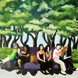 Denise Dalzell: 'conversation', 2021 Acrylic Painting, People. Artist Description: A scene of several conversations on a park bench in New York City, Summer 2019. ...
