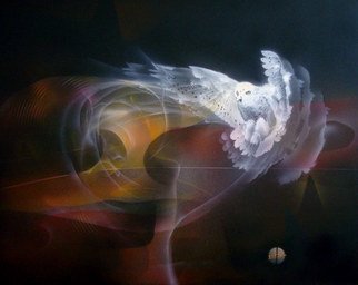 Derek Dey: ' messenger 2', 2009 Acrylic Painting, Abstract Figurative.  An archetype rising from the depths of the unconscious. In this case the symbol of the owl points to emergent qualities of wisdom....