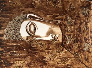Dheeraj Girijan: 'the enlightened', 2018 Acrylic Painting, Buddhism. This half- faced Buddha is an exclusive and unique piece of Coffee   Acrylic Painting on Canvas with touches of gold glitter  ...