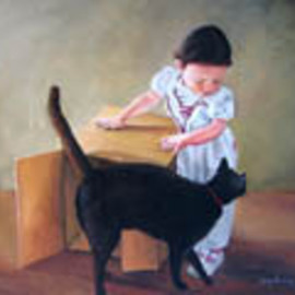 Judy Benson: 'Out of the box', 2009 Acrylic Painting, Cats. Artist Description:  Acrylic painting, cat, children, domestic animal, vintage, life ...