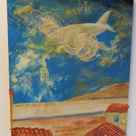 Dominic Haberman: 'Jet', 2014 Other Painting, Abstract Landscape. Artist Description:  Jet was inspired by views outside the windows of what became my nephew' s nursery, and is therefore named after him. The electrical lines in the background are made from copper stripped from RG6 satellite cable. The airplane is a reference to the C130 aircraft I had ...