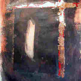 Donna Gallant: 'Whos carrying my cross', 2004 Mixed Media, Abstract Figurative. Artist Description:  Mixed media on paper with gold leaf.This image emerges out of the darkness with her back towards you and a cross behing her.  Very intreging. ...