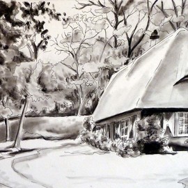 Donna Gallant: 'cottage', 2016 Charcoal Drawing, Landscape. Artist Description: A strong sense of fantasy is portrayed in this cute little country cottage. ...
