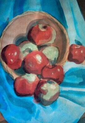 Donna Gallant: 'lovely red apples', 1988 Watercolor, Still Life. Playing with placement and colour is the focus of this piece. Warm and cool combination creates a composition that keeps the eye moving ...