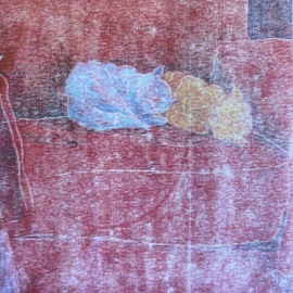 Donna Gallant: 'two asleep', 1987 Monoprint, Animals. Artist Description: Coloured pencil was layered on top of the mono print to change the colour in specified places to create contrast and focal points. Very textured with a red background. ...