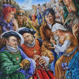 Alexander Donskoi: 'artist and merchants', 2015 Oil Painting, Figurative. Artist Description:  i? 1/2The Artist and Merchants i? 1/2, oil on canvas142cm x 106,6cmThis painting represent the complicated, contradictory relationships between the artist and merchandisers.The Artist in my painting represent a Prophesier, foreteller, anticipator, sensor who is able to see the events that ordinary people not able to see in their ...