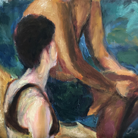 Bob Dornberg: 'at the pool', 2020 Oil Painting, Abstract Figurative. Artist Description: Young girl talks to Pool Guard...