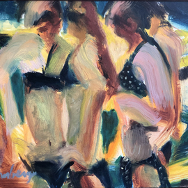 Bob Dornberg: 'bikini girls', 2020 Oil Painting, Abstract Figurative. Artist Description: BIKINI GIRLS TALK AT BEACH...