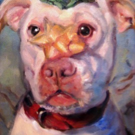 Dorothy Siclare: 'Party Animal Two', 2010 Oil Painting, Dogs. Artist Description:    pit bull, dog, mixed breed, white dog, dog with bows, dog with bows on his nose, white dog, party dog, portrait of dog, dog at a party    ...