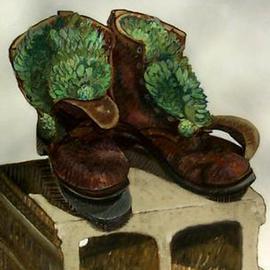 Lou Posner: 'Hens and Chicks in Boots', 1995 Oil Painting, Still Life. Artist Description: Working on his farm, raising cattle, a guy goes through lots of pairs of boots.  What to do with old bootsPlant hens and chicks in themThe style is one of hatching, combining drawing techniques with those of painting see Description for Hilgenholds Shed I....