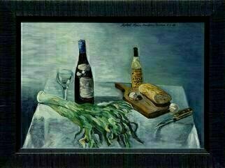 Lou Posner: 'Jantar dos Deuses', 2000 Oil Painting, Still Life. Dinner of the Gods.  Custom framed....